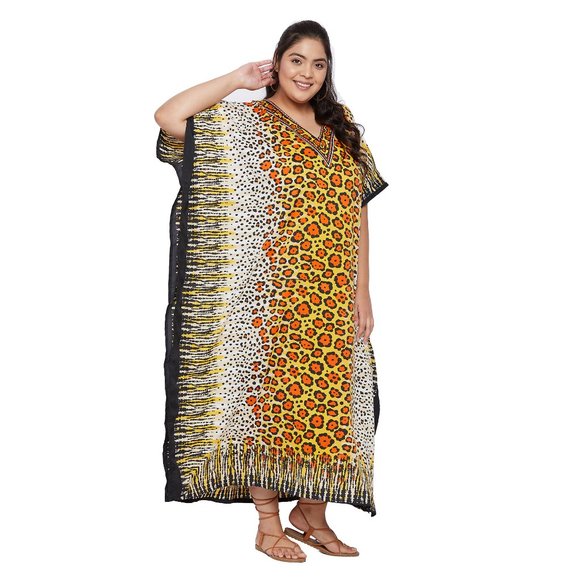 Gypsie Blu Leopard Print Yellow Caftan Maxi Dress with Kimono Sleeve Loungewear - Picture 4 of 8